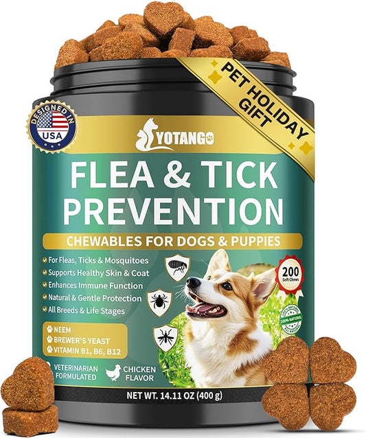 YOTANGO Flea and Tick Prevention for Dogs Chewable, 200 Soft Treats Natural Dog Flea and Tick Treatment Chewable, Oral Flea Supplement Chews, Skin & Coat Support for Dogs Puppies - All Breeds & Ages