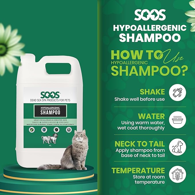 Soos Pet Shampoo Hypoaller-genic Natural Dead Sea Minerals Fast Absorbing with Vitamins Essential Oils Natural Elements for Dogs and Cats - 1x Pet Shampoo (4L)