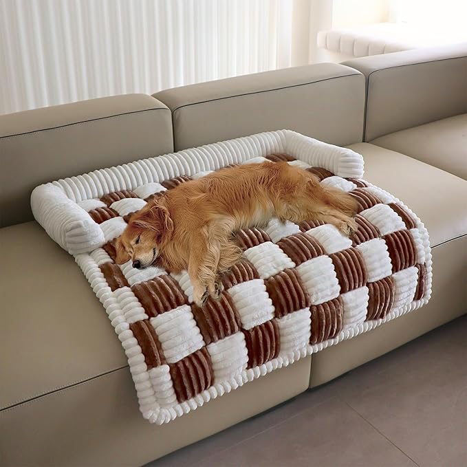 Couch Covers for Dogs and Cats, Fuzzy Dog Sofa bed with Cream Square Plaid, Plush Pet Couch Cover Bed, Thickened Quilted Furniture Protector Mat for Large Medium Pets (Dark Brown 35.43"*35.43")