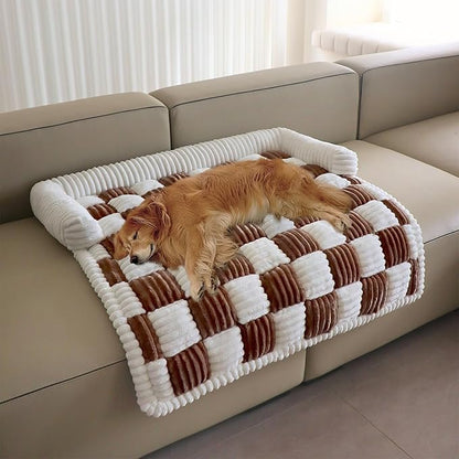 Couch Covers for Dogs and Cats, Fuzzy Dog Sofa bed with Cream Square Plaid, Plush Pet Couch Cover Bed, Thickened Quilted Furniture Protector Mat for Large Medium Pets (Dark Brown 35.43"*35.43")