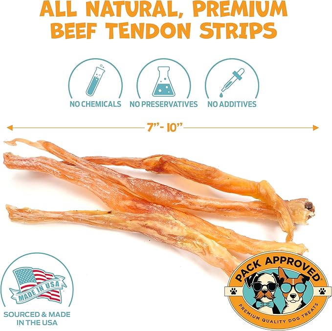 Pack Approved Beef Tendons for Large Dogs & Medium Breeds - Digestible Chews & Dog Treats for Large Dogs - Single Ingredient Dog Chew Sticks - 7-10" (12ct)