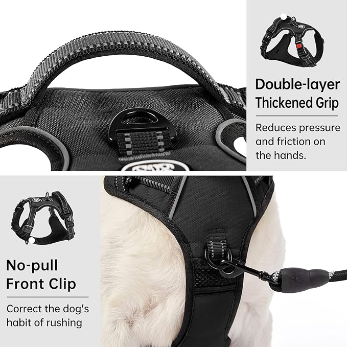 IVY&LANE No Pull Dog Harness for Large Dogs, Dog Vest Harness with Leash, Safety Belt and Storage Strap, Fully Adjustable Harness, 360° Reflective Strip, Soft Handle (Black, XL)