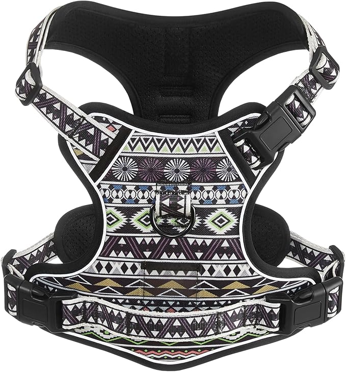 No-Pull Dog Harness for Small Dog Breeds, Escapeproof Easy Walking Reflective Adjustable Lightweight Dog Vest with Breathable Oxford Material, Easy on Easy Off with Neck Buckle, Black Ethnic XS