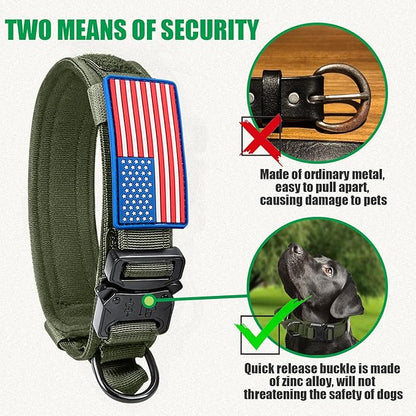 Tactical Dog Collar, Adjustable Nylon, Heavy Duty Metal Buckle with Handle, Green, L