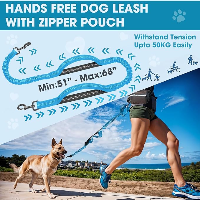 Hands Free Dog Leash with Waist Belt – No-Pull Bungee, Dual Padded Handles & Zipper Pouch for Running, Walking & Training – Adjustable Waist Leash for Large & Medium Dogs (Sky Blue)