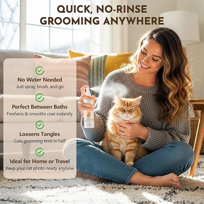 Cat Detangler Spray – Cat Matted Fur Remover for Matted Hair & Everyday Grooming–Dematting Spray for Cats to Loosen Knots, Reduce Pulling, Hydrate Coat & Keep Your Cat’s Fur Soft, Smooth & Manageable