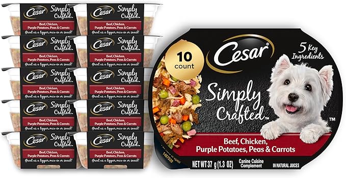 Cesar Simply Crafted Adult Wet Dog Food Toppers for Dry Food, Beef, Chicken, Purple Potatoes, Peas & Carrots, 1.3 oz Tubs, 10 Count