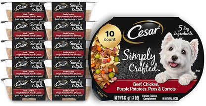 Cesar Simply Crafted Adult Wet Dog Food Toppers for Dry Food, Beef, Chicken, Purple Potatoes, Peas & Carrots, 1.3 oz Tubs, 10 Count