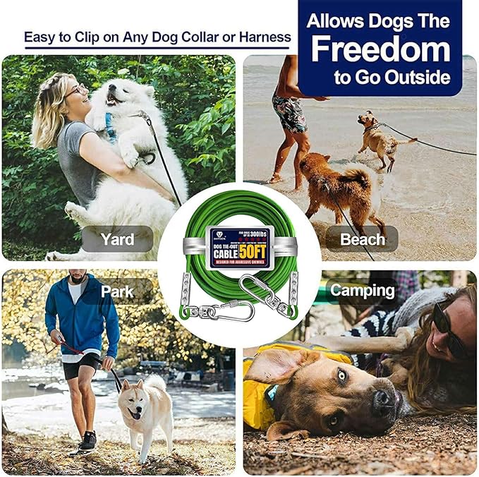 Tie Out Cable for Dogs Up to 300lbs,50ft Extra Strong 1000lbs Break Strength Tie-Out Tether Trolley Training Lead,Dog Run Cable for Yard Garden Park Camping Outside (Green, 300lbs 50ft)