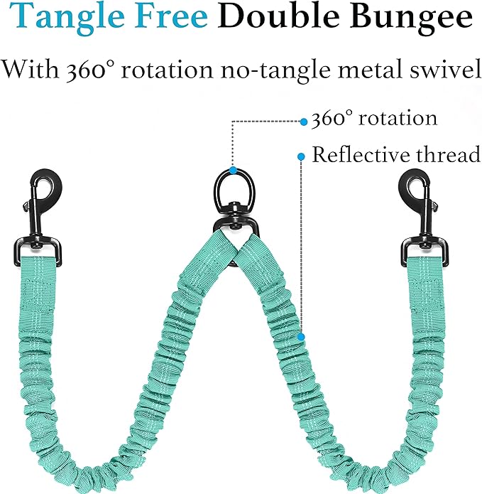 iYoShop Dual Dog Leash - 360° Swivel, No Tangle Walking Leash with Shock Absorbing Bungee for Two Dogs (Large, 25-150 lbs, Teal)