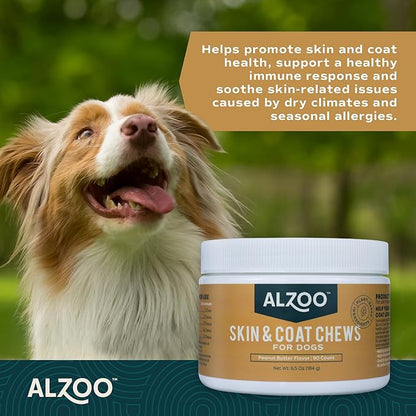 ALZOO Skin & Coat Chews for Dogs, 100% Plant-Based Active Ingredients, Peanut Butter Flavor, 90 Count
