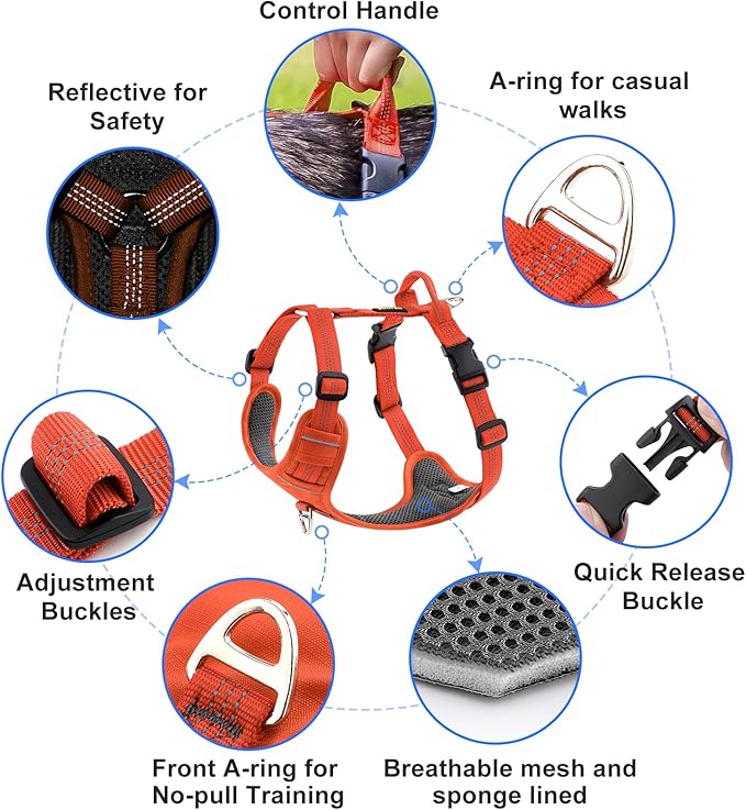 Plutus Pet No Pull Dog Harness, Reflective Adjustable Dog Vest Harness with Handle, Escape Proof, Soft Padded for Small Medium Large Dogs (Orange, L)
