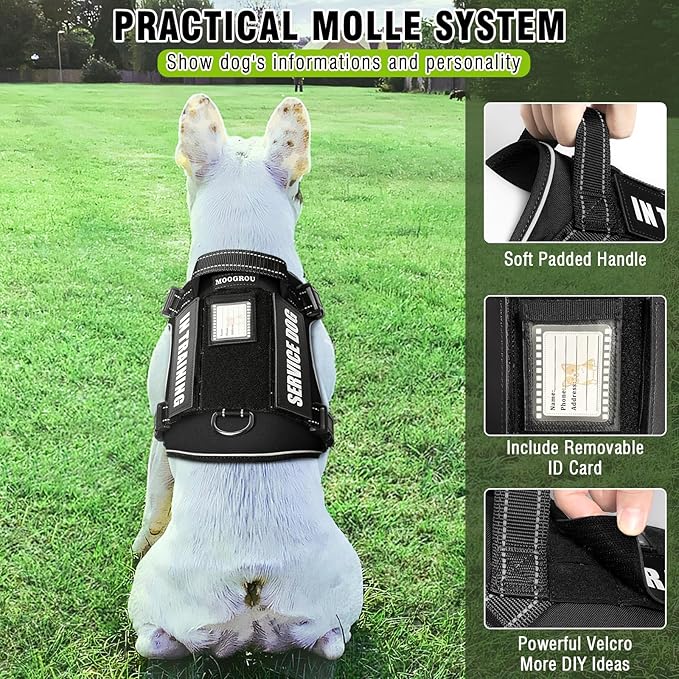 MOOGROU Tactical Dog Harness and Leash Set Medium Sized Dog,Heavy Duty No Pull Service Dog Vest and 10 Patches with Dog Seat Belt,Reflective Adjustable Pet Harness for Training Walking Hiking Black M