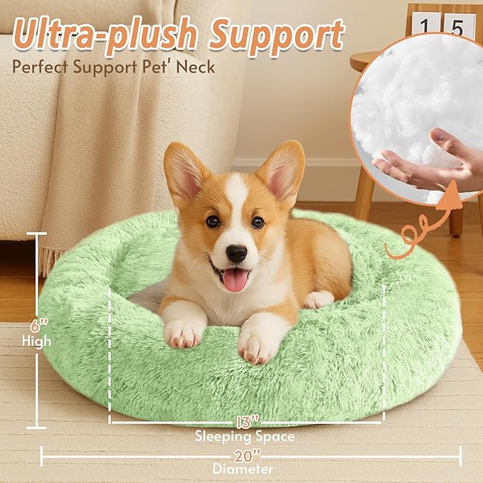 JOLLYVOGUE Calming Small Dog & Cat Bed for Indoor Cats - 20 inches Washable Donut Bed for Kittens & Puppies, Anti-Anxiety Round Fluffy Plush Pet Beds (Fits up to 15 lbs, Light Green)