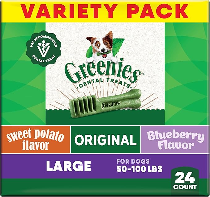 Greenies Veterinarian-Recommended Adult Natural Dental Dog Treats Large Size, Original Flavor, Sweet Potato Flavor, and Blueberry Flavor, (3) 12 oz. Packs, 24 Count