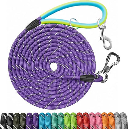 NTR Dog Rope Leash, 30FT Recall Training Lead, with 2 Swivel Hooks, Reflective Threads and Soft Rubber Handle, Puppy Leash for Walking, Hunting, Camping for Small Medium and Large Dogs-Purple