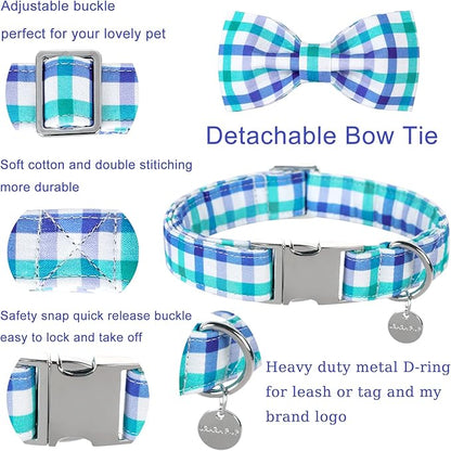 UP URARA PUP Dog Collar Bow Tie, Comfortable Durable Cotton Bowtie Collar for Medium Girl Boy Dog, Adorable Dog Collar with Metal Buckle, Blue Grid Gift Collar, M