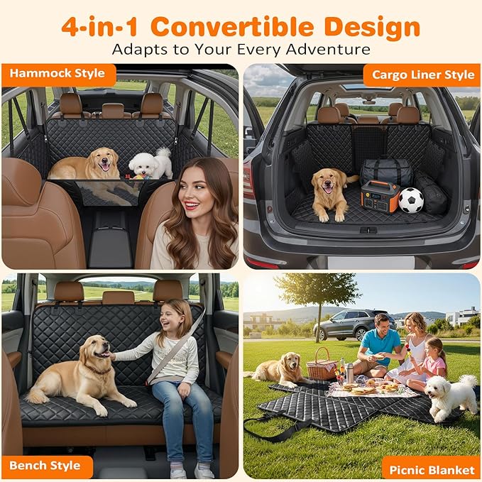 URPOWER 4 in 1 Dog Car Seat Cover for Back Seat, Waterproof Dog Hammock with Mesh Window and Side Flap Pet Car Seat Protector Dogs Backseat Cover for Cars, SUVs & Mid-Size Trucks