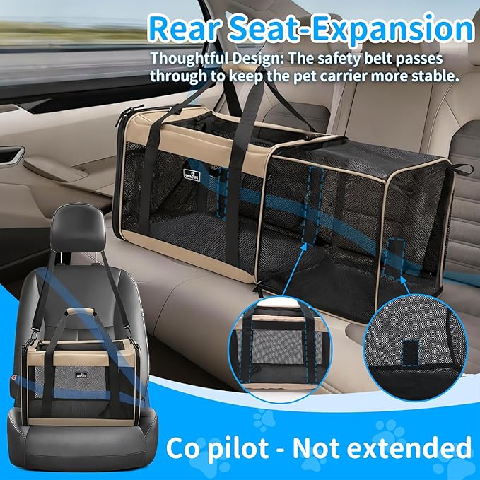Wakytu Expandable Pet Carrier for Dogs & Cats, Large Travel Bag with 5 Mesh Windows, 2 Entrances, Locking Zippers & Padded Straps,L