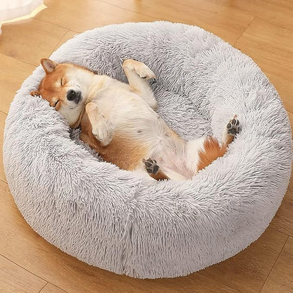 Calming Donut Dogs Beds for Small Dogs Washable,19inch Fluffy Round Puppy Bed for Puppies,Cats & Toy Breeds with Raised Rim,Fits up to 15 lbs Pets,Frost Grey