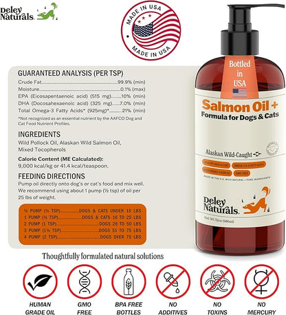 Deley Naturals Wild Alaskan Salmon Oil for Dogs & Cats - New & Improved Salmon Oil Plus Formula - Fish Oil for Dogs with DHA EPA Omega 3 & 6 Fatty Acids - Omega 3 for Skin & Coat - 32oz Made in USA