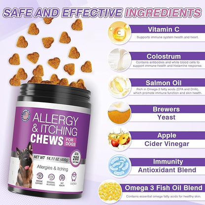 Dog Allergy Chews 200ct - Dog Allergy and Itching Skin Relief Anti Itch Aller Immune Bites for Dogs licking Paws Treatment Relief Itchy Chew Probiotics Vitamins for Skin and Coat Allergies - Lamb