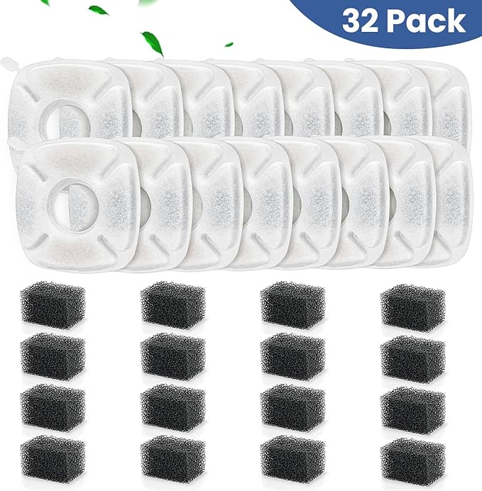 32 Pack Cat Water Fountain Filters, 16 Pcs Replacement Cats Fountain Filters & 16 Pcs Pre-Filter Sponges for 95oz/2.8L 135oz/4L 67oz/2L Automatic Pet Water Fountain Cat Dog Water Dispenser Filter