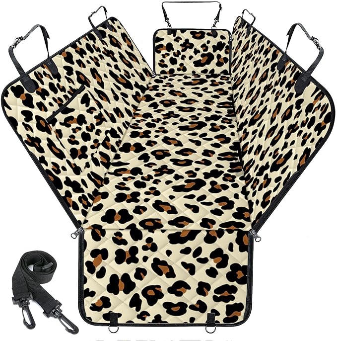 NECKORY Waterproof Dog Car Seat Cover for Back Seat - Durable, Scratch Proof Pet Hammock with Nonslip Design & Storage Pockets, Fits Cars, SUVs, Trucks- S, Leopard/Black