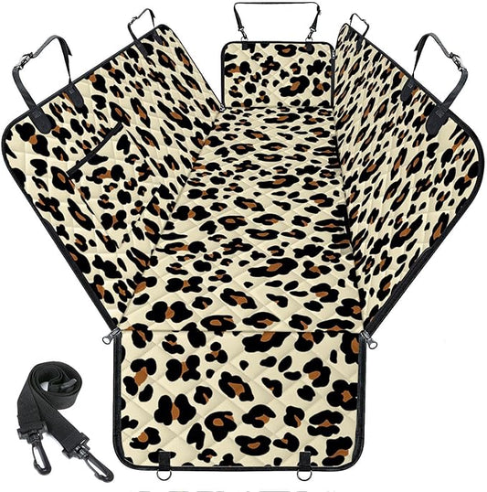 NECKORY Waterproof Dog Car Seat Cover for Back Seat - Durable, Scratch Proof Pet Hammock with Nonslip Design & Storage Pockets, Fits Cars, SUVs, Trucks- S, Leopard/Black