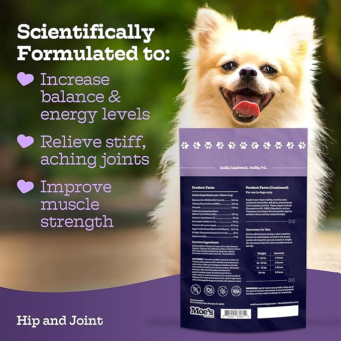 Moe’s Dog Joint Supplement 90 Soft Chews – Glucosamine, Chondroitin & Hyaluronic Acid with Vitamins C & E – Advanced Hip and Joint Support for Dogs – Ideal for Bone Health & Joint Pain Relief