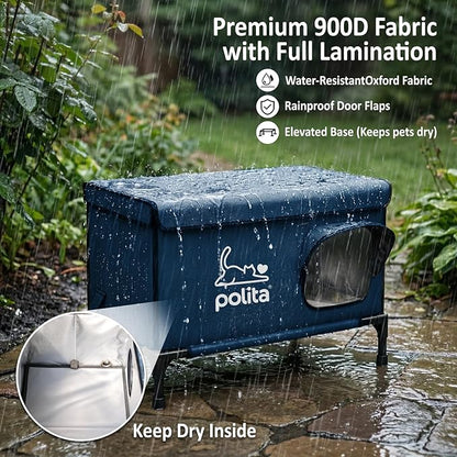 Polita Indestructible Heated Cat House for Outdoor Cats in Winter, Extremely Insulated & 100% Weatherproof, Elevated Feral Cat Shelter with Waterproof Eaves & Safe Escape Door for Stray & Barn Cats