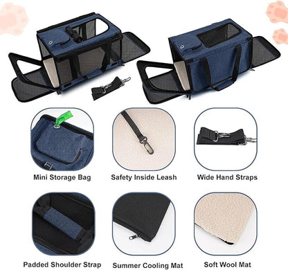 GAPZER Medium Cat Carrier Large Cat 15 lbs+ Soft Pet Carrier Small Puppy/Ventilated 2 Kittens Car Travel Bag Case/Comfy Big Maine Coons 25 Pounds/Soft-Sided Mesh Kitty Products Dark Blue