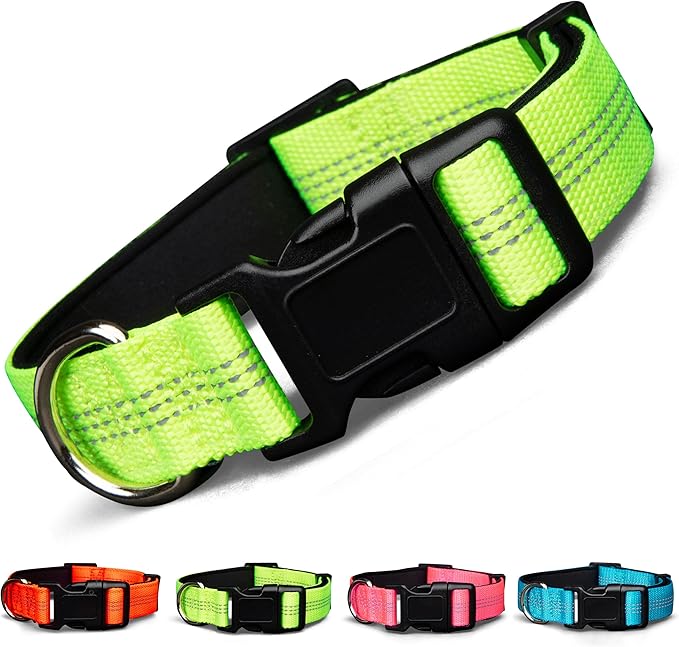 BLAZIN Reflective Dog Collar - Vibrant Color for Day and Night - Soft Neoprene Padded Collar - Adjustable Sizing -'Color Me Happy!' Dog Collars - Brighter Means Safer - (Medium, Yellow)