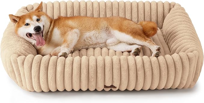 Bedsure ComfyFleece Cute Dog Beds Large Sized Dog - Washable Furry Pet Beds, Rectangle Orthopedic Corduroy Fleece Puppy Beds with Removable Zipper Cover, 36x27x8inches,Sandy Beige