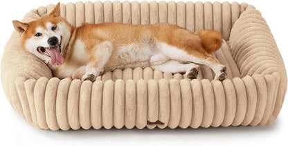 Bedsure ComfyFleece Cute Dog Beds Large Sized Dog - Washable Furry Pet Beds, Rectangle Orthopedic Corduroy Fleece Puppy Beds with Removable Zipper Cover, 36x27x8inches,Sandy Beige