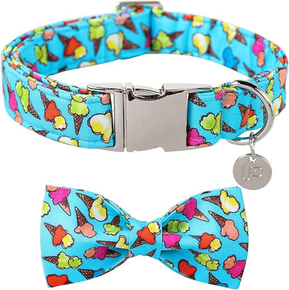 Summer Dog Collar with Bow Tie, Cotton Cute Bowtie Dog Collar, Summer Bowtie Collar for X-Large Boy Girl Dog, Comfortable Blue Dog Collar with Metal Buckle, XL