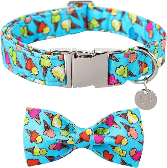 Summer Dog Collar with Bow Tie, Cotton Cute Bowtie Dog Collar, Summer Bowtie Collar for X-Large Boy Girl Dog, Comfortable Blue Dog Collar with Metal Buckle, XL