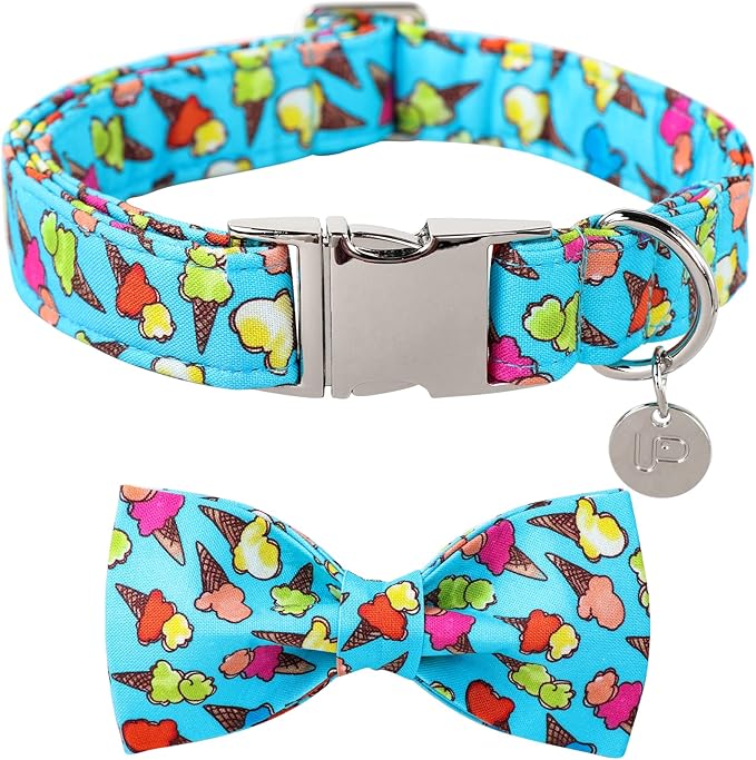 Summer Dog Collar with Bow Tie, Cotton Cute Bowtie Dog Collar, Summer Bowtie Collar for Large Boy Girl Dog, Comfortable Blue Dog Collar with Metal Buckle, L