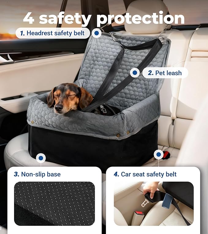 Wagora Dog Car Seat for Small Medium Dogs, Travel Pet Car Bed with Removable Waterproof Cover, Memory Foam Dog Booster Seats Up to 35 lbs, Safety Belt and Storage Pocket(Gray)