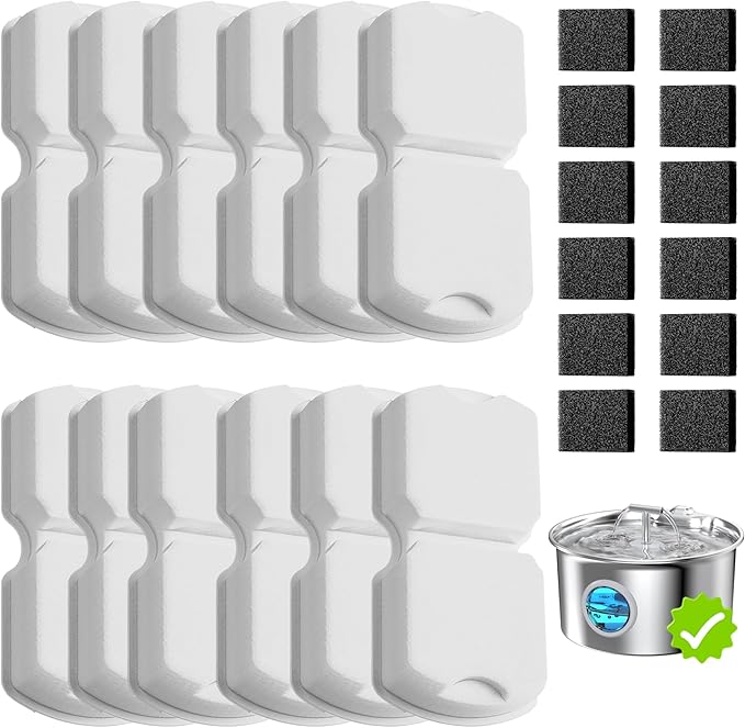 UMOCUOY Cat Water Fountain Filter: 24 Pet Fountain Replacement Screen for Stainless Steel - 12 Carbon Filters & 12 Foam Filters - Suitable for Cat Water Fountain Stainless Steel S17