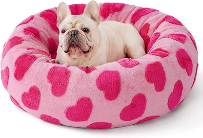 Lesure Donut Medium Dog Bed Calming - Round Cat Beds Indoor Valentine's Day Gift for Pets, Orthopedic Washable Cute Home Decor Beds with Jacquard Shaggy Plush & Anti Slip Bottom, 30 Inch, Lover Hearts