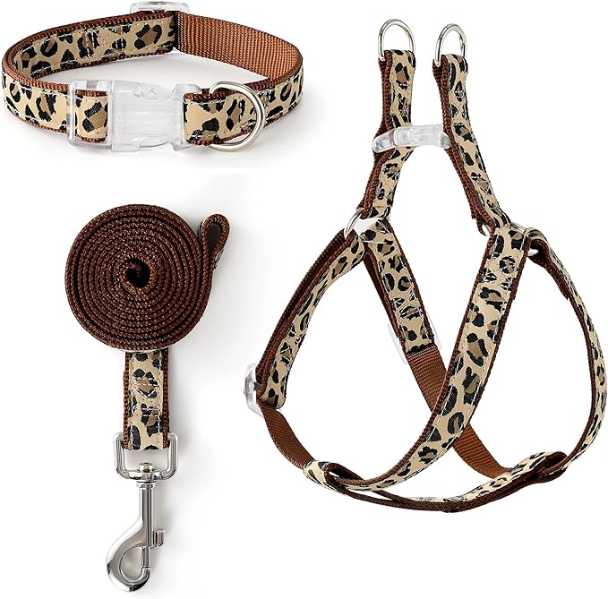 Mile High Life Leopard Dog Harness Collar Leash Set, Adjustable No Pull Dog Halter Harness for Small Breed Dogs, Easy Control for Training Walking (Brown, XS Chest 9"-15", Neck 8"-12")