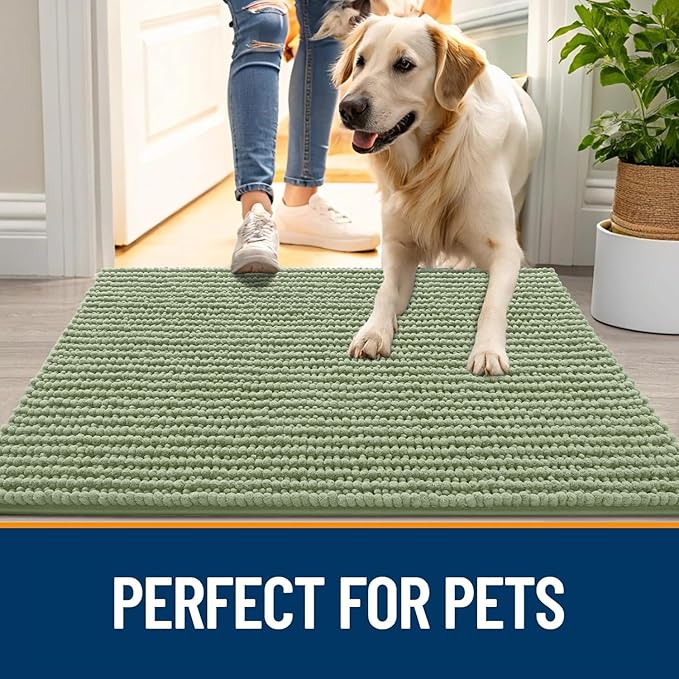 OLANLY Dog Door Mat for Muddy Paws 36x24, Ultra Absorbent Chenille Mud Doormat, Non-Slip Washable and Dirt Trapping Doormat for Indoor Entryway, Quick-Dry Indoor Pet Bed Mats for Dogs, Sage Green