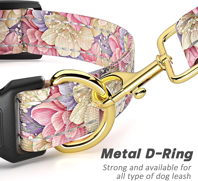 Reflective Dog Collar for Large Dogs, Cute Flower Theme Adjustable Heavy-Duty Nylon Puppy Collar for Boy and Girl Female, Soft Pet Accessories with Quick Release Buckle, Colorful Floral
