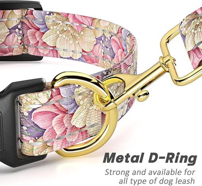 Reflective Dog Collar for Large Dogs, Cute Flower Theme Adjustable Heavy-Duty Nylon Puppy Collar for Boy and Girl Female, Soft Pet Accessories with Quick Release Buckle, Colorful Floral