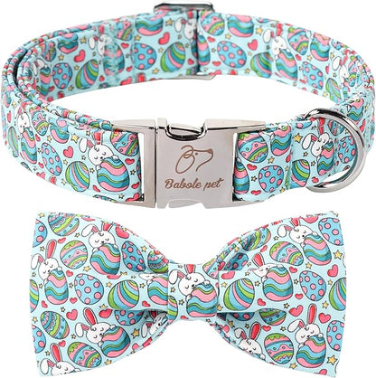 Dog Collar with Bow Tie, Easter Eggs Bowtie Dog Collar with Safety Metal Buckle, Cute Boy Girl Dog Bunny Collar for Small Dogs