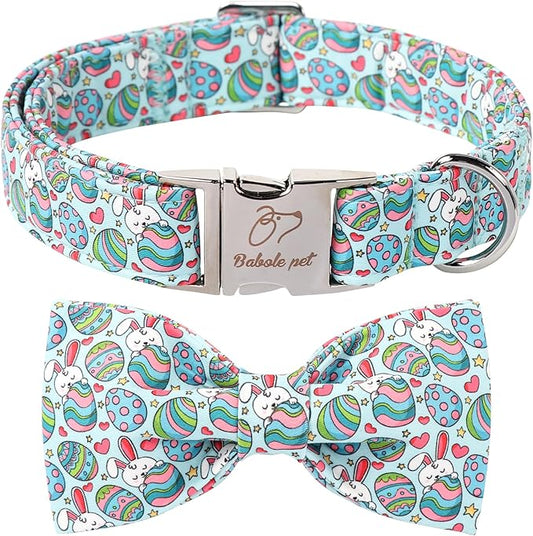 Easter Dog Collar with Bow Tie, Easter Eggs Bowtie Dog Collar with Safety Metal Buckle, Cute Boy Girl Dog Easter Bunny Collar for Medium Large Dogs, L