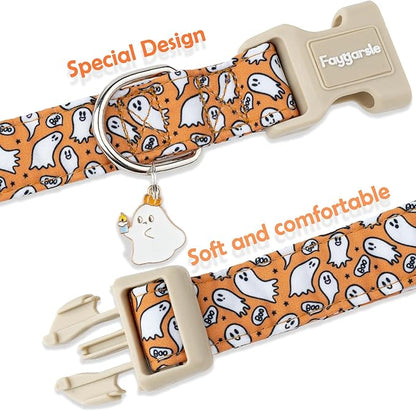 Faygarsle Halloween Ghost Pattern Dog Collar with Charm, Orange and White,for Small Medium Large Dogs M