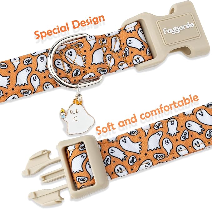 Faygarsle Halloween Ghost Pattern Dog Collar with Charm, Orange and White,for Small Medium Large Dogs XS