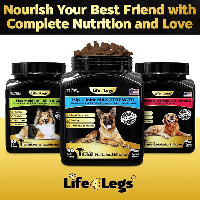 Life4Legs - Soft Chews Hip and Joint Supplement for Dogs - Dog Joint Pain Relief Treats - Glucosamine, Chondroitin, Turmeric- Mobility Bites Supplement